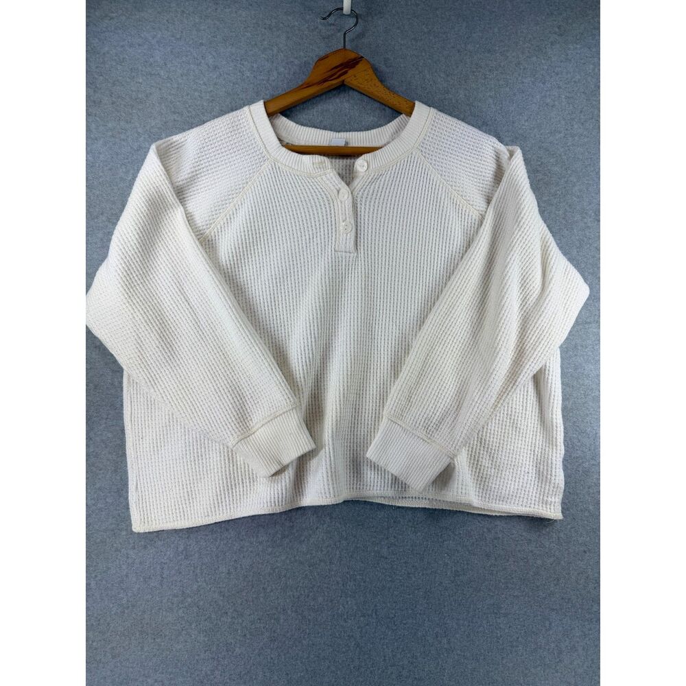 Old Navy Women’s XXL White Waffle Knit Henley Long Sleeve Thermal Top 3668